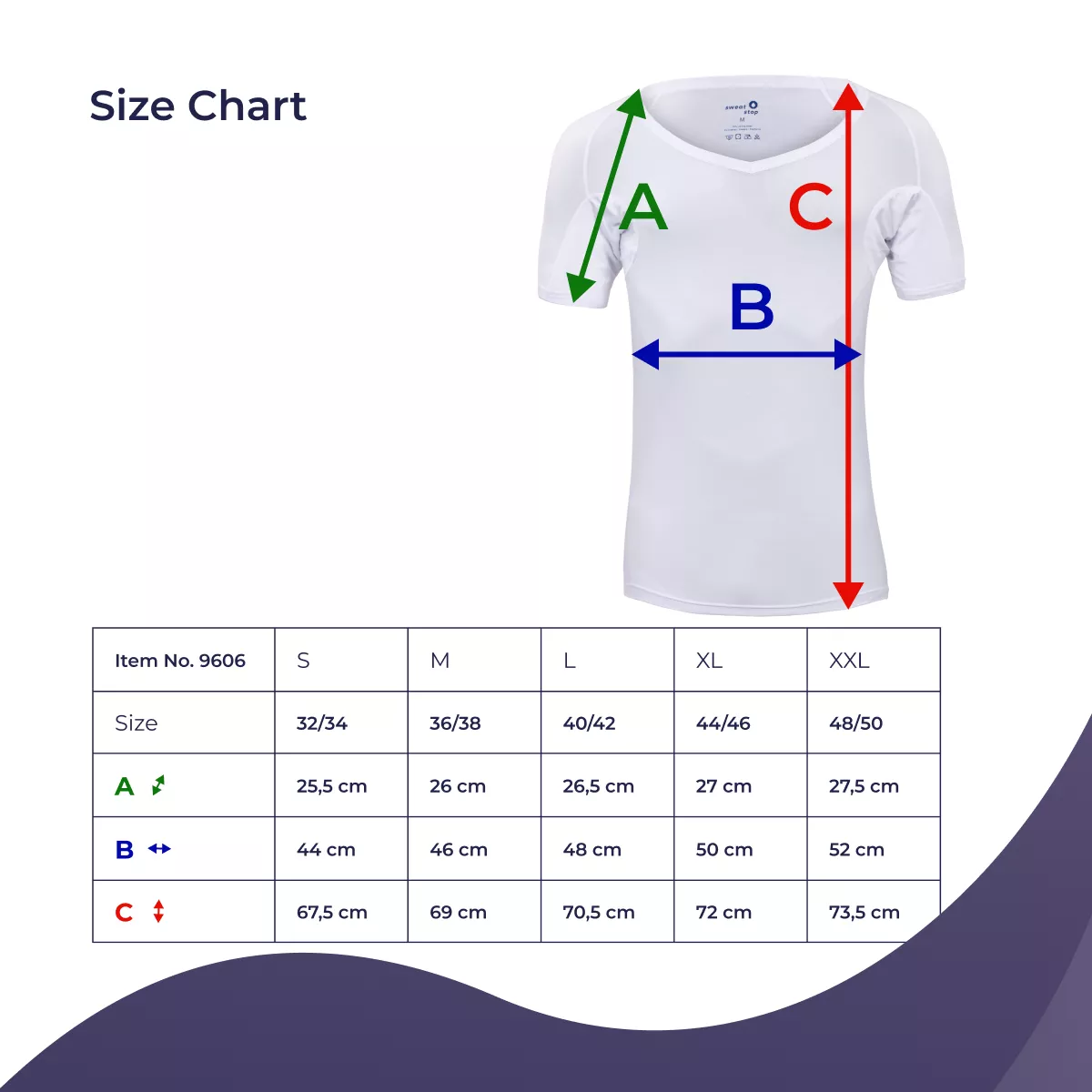 SweatStop size chart for item 9606 showing white T-shirt measurements A, B and C with sizes S, M, L, XL and XXL