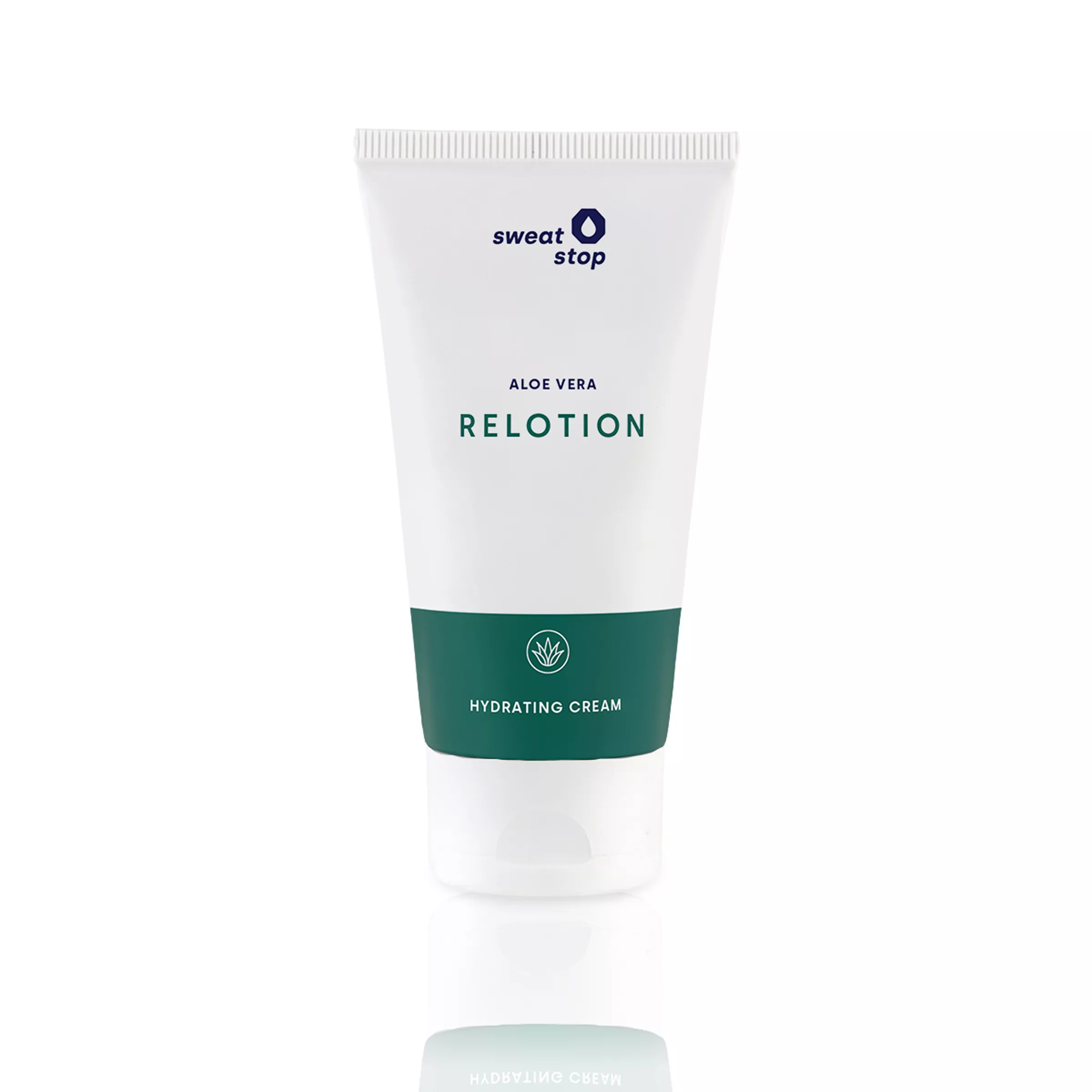 Tube of sweatstop Aloe Vera ReLotion Soothing Lotion 50ml, a moisturising and soothing skin care lotion with Aloe Vera and Panthenol for irritated skin