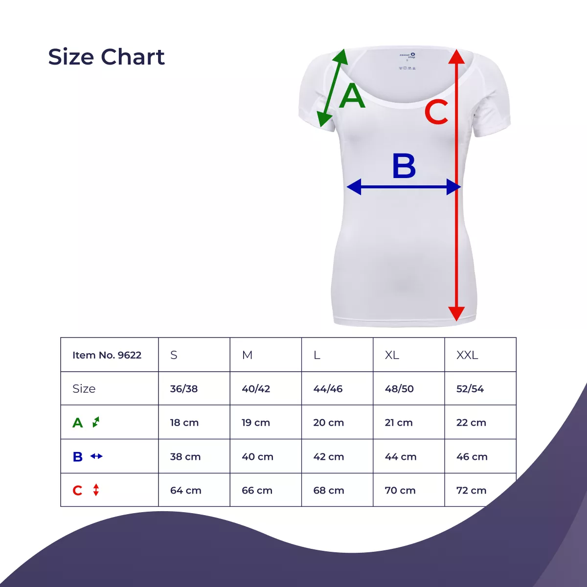 Size chart for SweatStop women’s undershirt Item No. 9622 showing A shoulder, B chest and C length measurements for sizes S to XXL