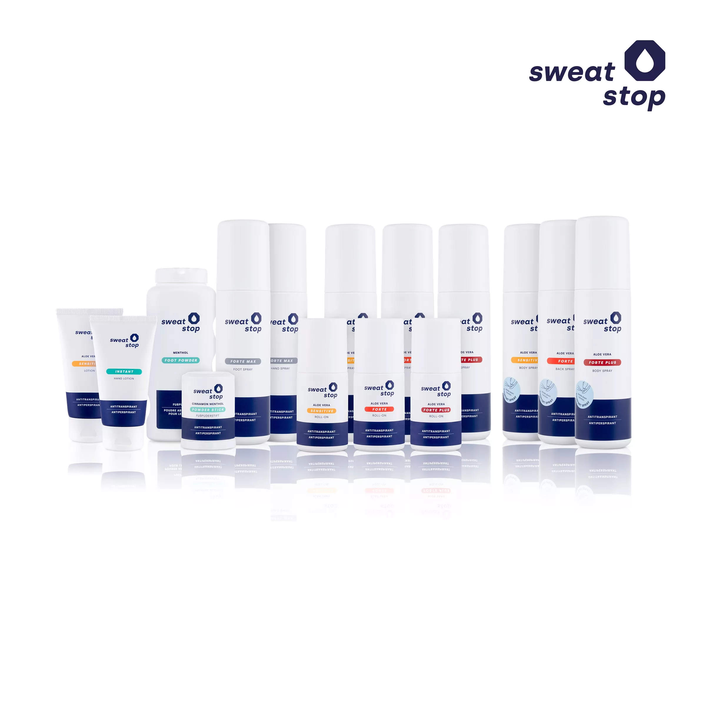 sweatstop antiperspirant collection featuring body sprays, roll-ons, hand lotion, foot powder and powder stick displayed on a white background