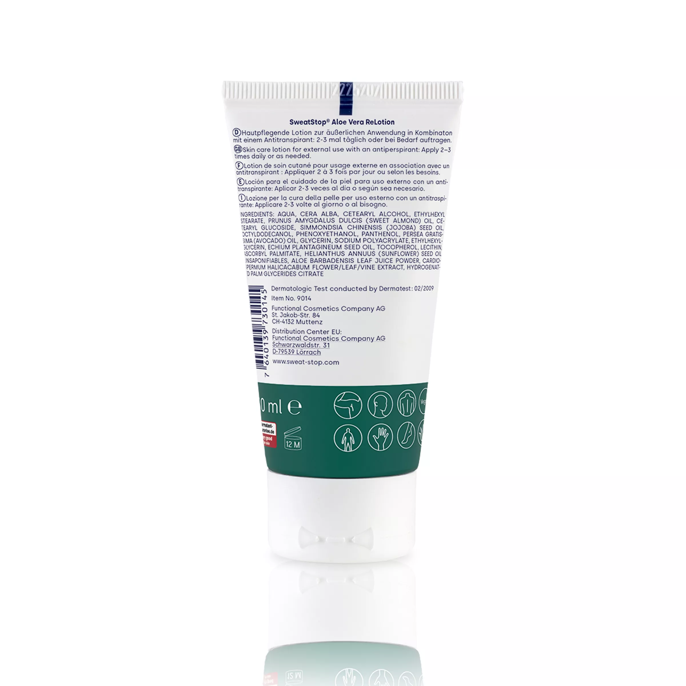 Back of sweatstop Aloe Vera ReLotion skincare lotion tube showing ingredients, usage instructions and packaging details